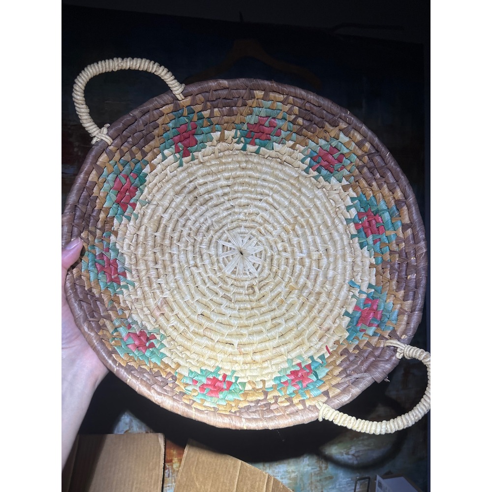 Vintage Handwoven Round Raffia Basket Tray Floral Geometric Pattern with Handles